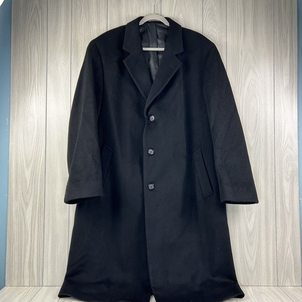 Bill Blass Black Label Cashmere Blend Mens Black Overcoat Long Prescott Size 44